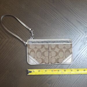 Coach Tan Signature Canvas Wristlet with Metallic Trim